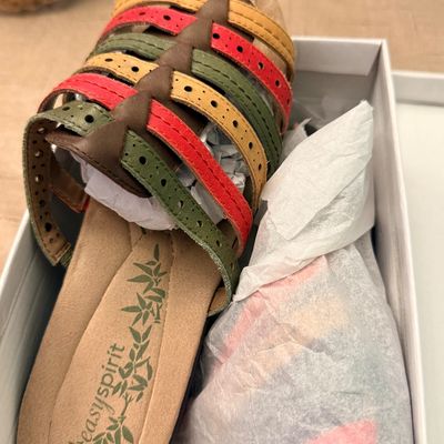 Sale Photo Thumbnail #237: Easy Spirit multi-colored strappy slide sandal resting inside its original shoe box with tissue paper.
