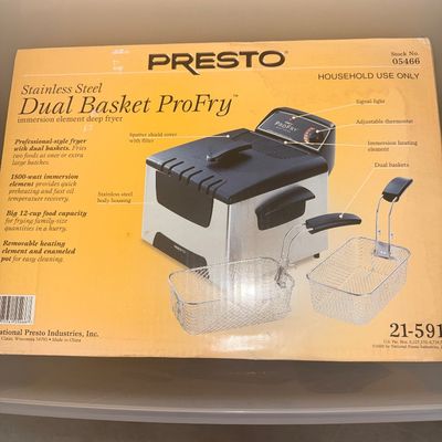 Sale Photo Thumbnail #281: Presto stainless steel Dual Basket ProFry immersion element deep fryer in its original retail box.