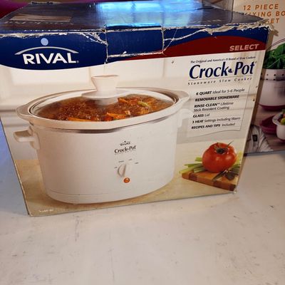 Sale Photo Thumbnail #283: Vintage white Rival Crock-Pot 6-quart Select stoneware slow cooker in its original retail box.
