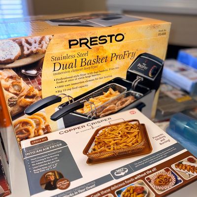 Sale Photo Thumbnail #287: Presto Stainless Steel Dual Basket ProFry immersion element deep fryer and a Copper Crisper 2-piece oven air fryer tray set, both in original boxes.