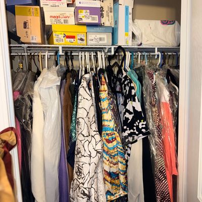Sale Photo Thumbnail #310: Closet filled with plus size new & gently owned  women's clothing on hangers, including dresses and jackets, with various shoe boxes stacked on the top shelf.