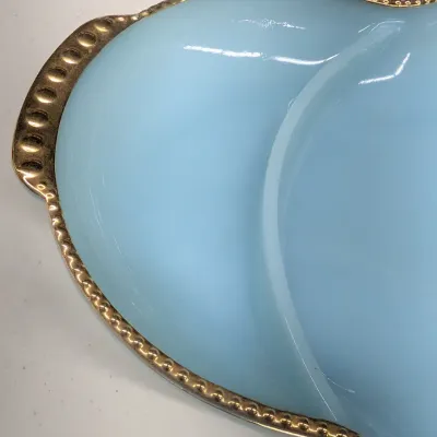 Vintage Fire King Oven Ware Blue Milk Glass w/ Gold Trim
