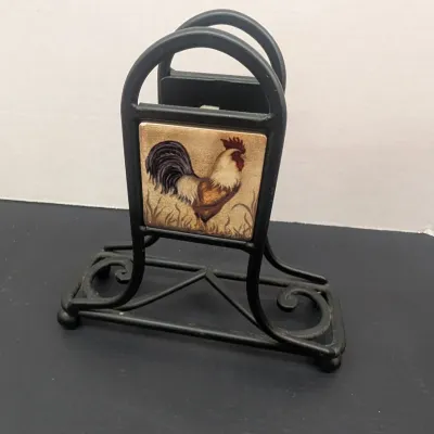 Cast Iron Napkin Holder Featuring A Ceramic Tile Roster Design 8 3/4" Tall