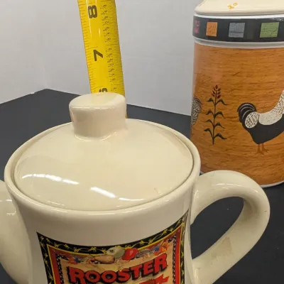 Rooster Brand Teapot Pitcher, Ceramic Rooster Utensil Holder & A Pair Of Small Pico Rooster Pitchers