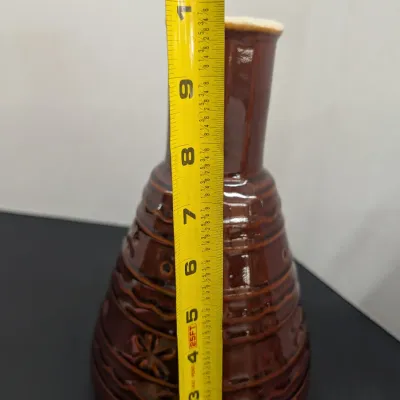Vintage MARCREST 1950's Brown Daisy & Dot Stoneware Floral Scalloped Carafe Vase 10" Tall