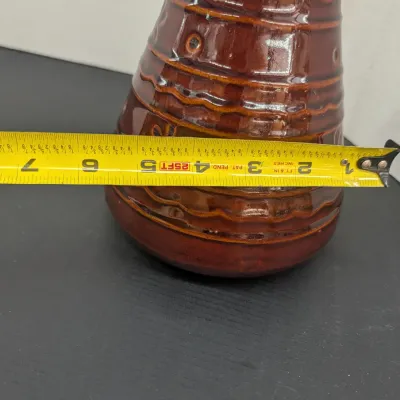 Vintage MARCREST 1950's Brown Daisy & Dot Stoneware Floral Scalloped Carafe Vase 10" Tall