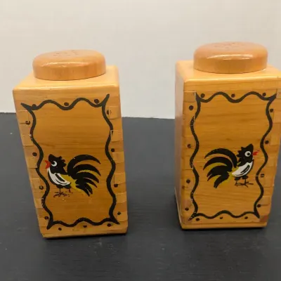 Vintage Hand Decorated Rooster Wooden Nesting Canister Set - Salt & Pepper Shakers