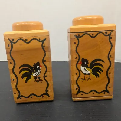 Vintage Hand Decorated Rooster Wooden Nesting Canister Set - Salt & Pepper Shakers