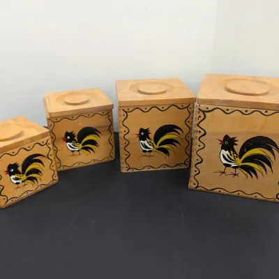 Vintage Hand Decorated Rooster Wooden Nesting Canister Set - 4 Pc