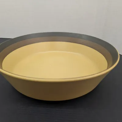 Vintage Arrowstone ZUNI MAIZE Yellow Gold 9 1/4" Vegetable Serving Bowl Mid Century Modern Kasuga Stoneware Brown Banded Design