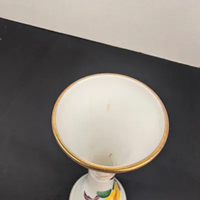 Vintage Enesco White Glass Bud Vase Yellow Rose Purple Violets Gold Stripping 8" Tall