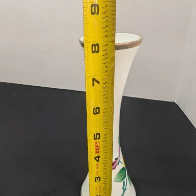 Vintage Enesco White Glass Bud Vase Yellow Rose Purple Violets Gold Stripping 8" Tall
