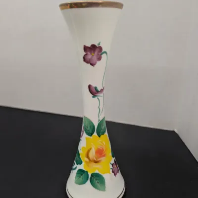 Vintage Enesco White Glass Bud Vase Yellow Rose Purple Violets Gold Stripping 8" Tall