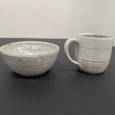 Vintage Owens Pottery Ceramic Bowl and Mug Set with Vehicle Motif