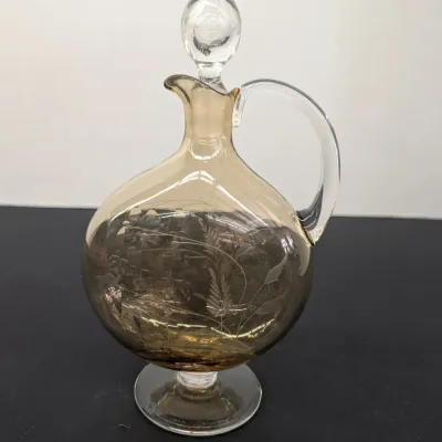 Vintage Amber & Clear Etched Glass Decanter with Stopper