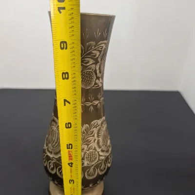 Vintage Made In India Solid Brass Etched Floral Design Vase 9 3/4" Tall