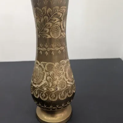 Vintage Made In India Solid Brass Etched Floral Design Vase 9 3/4" Tall