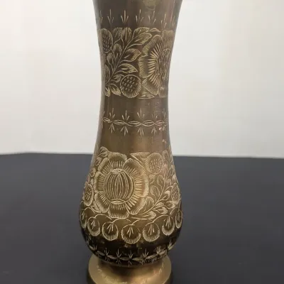 Vintage Made In India Solid Brass Etched Floral Design Vase 9 3/4" Tall