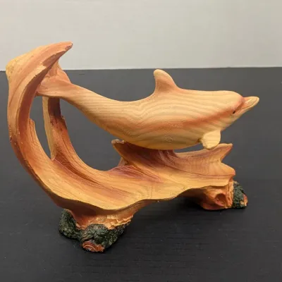 Dolphin Riding Wave Faux Carved Wood Like Figurine 4" Tall