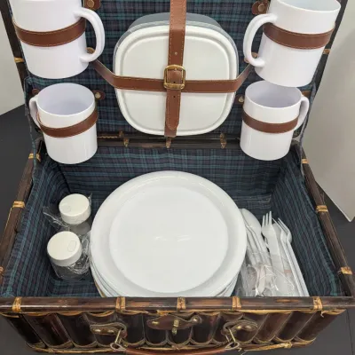 Vintage 20th Century Bamboo Picnic Suitcase Basket