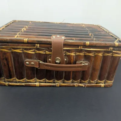 Vintage 20th Century Bamboo Picnic Suitcase Basket