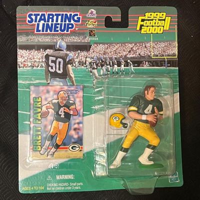 Vintage 1999 Starting Lineup Brett Favre action figure by Hasbro, unopened in its original blister packaging with collector card.
