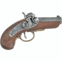 Vintage replica percussion cap pocket pistol, featuring a wooden stock, engraved metal lock plate, and brass trigger guard.