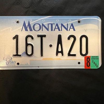 Vintage Montana license plate featuring the "Big Sky" design with registration stickers from August 2000.