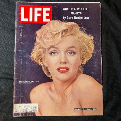 Vintage LIFE magazine from August 7, 1964, featuring Marilyn Monroe on the cover, showing some wear and a mailing label on the bottom left.