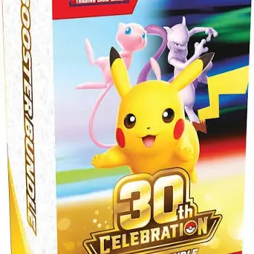 Pokémon Trading Card Game 30th Celebration Booster Bundle box, featuring Pikachu, Mew, and Mewtwo on the packaging.