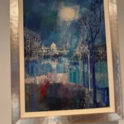 Sale Photo Thumbnail #35: Framed impressionist oil painting depicting a nocturnal landscape with a glowing full moon and illuminated dome, signed by the artist in the lower right and set in a metallic frame.