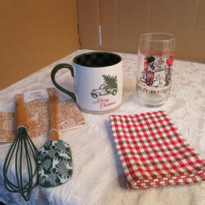 Sale Photo Thumbnail #40: Holly Hobby Twelve Days of Christmas glass, Christmas truck & tree soup mug, ceramic Christmas bakeware bowl,  new whisk & spatula set, dish cloth, see pictures