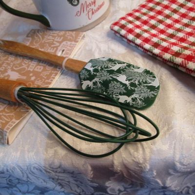 Sale Photo Thumbnail #46: Holly Hobby Twelve Days of Christmas glass, Christmas truck & tree soup mug, ceramic Christmas bakeware bowl,  new whisk & spatula set, dish cloth, see pictures