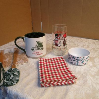 Sale Photo Thumbnail #41: Holly Hobby Twelve Days of Christmas glass, Christmas truck & tree soup mug, ceramic Christmas bakeware bowl,  new whisk & spatula set, dish cloth, see pictures