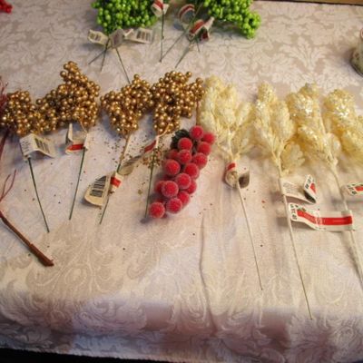 Sale Photo Thumbnail #153: 4 gold berry picks, 4 feathery picks, 1 red glittery pick, 1 red berries pick, See pictures