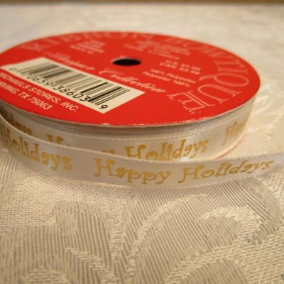 Sale Photo Thumbnail #443: 12' of red bead trim, 5 yds gold ribbon, 80", 2.22 yds Happy Holidays ribbon, 6 yds. White ribbon, 3 yd 1/4" elastic, See pictures