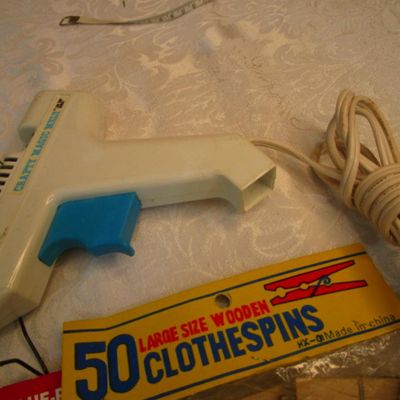 Sale Photo Thumbnail #479: New package of 50 3" clothes pins, 1 new package kitchen label assortment (100 lables), 1 hot glue gun