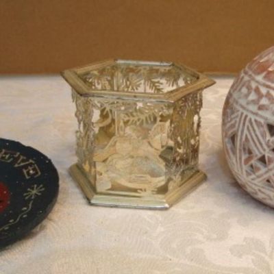 Sale Photo Thumbnail #499: Terra cotta candle holder, silver-plate candle holder, decorative plate, see pictures