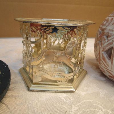 Sale Photo Thumbnail #501: Terra cotta candle holder, silver-plate candle holder, decorative plate, see pictures