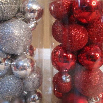 Sale Photo Thumbnail #878: Gold ornaments are glass, red & silver are shatterproof, see pictures