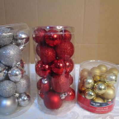 Sale Photo Thumbnail #874: Gold ornaments are glass, red & silver are shatterproof, see pictures