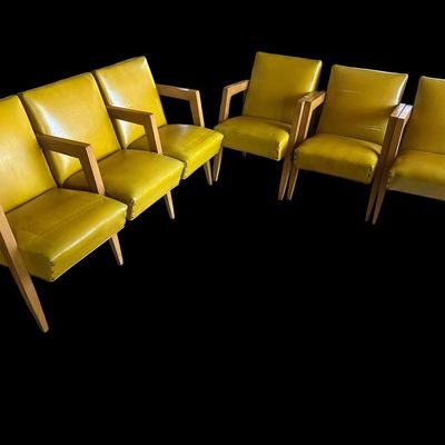 Sale Photo Thumbnail #13: 4) Three butt MCM Sofa w/Arms and 3 Separate Matching Arm Chairs of yellow vinyl mid-century style chairs.Iconic Design.  