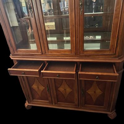 Sale Photo Thumbnail #20: 6) 82"T × 54"W × 19"D 3 glass upper display doors  3 middle pull-out drawers  3 lower cabinet doors featuring diamond sunburst wood marquetry  curved bun feet. Dimensions: 82" H x 54" W x 19" D  