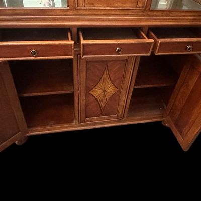 Sale Photo Thumbnail #19: 6) 82"T × 54"W × 19"D 3 glass upper display doors  3 middle pull-out drawers  3 lower cabinet doors featuring diamond sunburst wood marquetry  curved bun feet. Dimensions: 82" H x 54" W x 19" D  