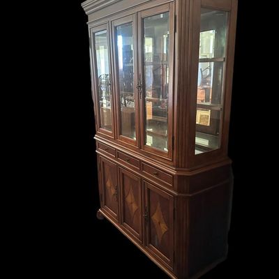 Sale Photo Thumbnail #22: 6) 82"T × 54"W × 19"D 3 glass upper display doors  3 middle pull-out drawers  3 lower cabinet doors featuring diamond sunburst wood marquetry  curved bun feet. Dimensions: 82" H x 54" W x 19" D  