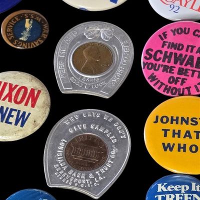 Sale Photo Thumbnail #44: Lot of Political and Novelty Buttons plus Small Pins.                           