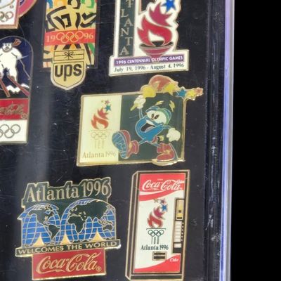 Sale Photo Thumbnail #62:  Coca-Cola Olympic Pin Set  Two 8 oz Bottles  and 1993 Final Four Tube.                           