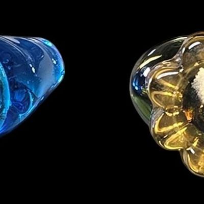 Sale Photo Thumbnail #81:  Lot of 2 Art Glass Birds  Blue Signed and Amber Unmarked.                           