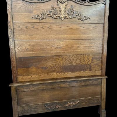 Sale Photo Thumbnail #87: Headboard - Footboard - Wood Side Rails 79" TALL 59.25" WIDE Heavy wood headboard with elaborate carved floral and acanthus leaf crest at the top and lower panel carving. Paneled construction. Suitable for a traditional bedroom. FULL HEADBOARD - WOOD SIDE