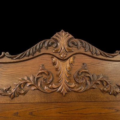 Sale Photo Thumbnail #88: Headboard - Footboard - Wood Side Rails 79" TALL 59.25" WIDE Heavy wood headboard with elaborate carved floral and acanthus leaf crest at the top and lower panel carving. Paneled construction. Suitable for a traditional bedroom. FULL HEADBOARD - WOOD SIDE